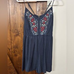 Navy Embroidered Floral Romper